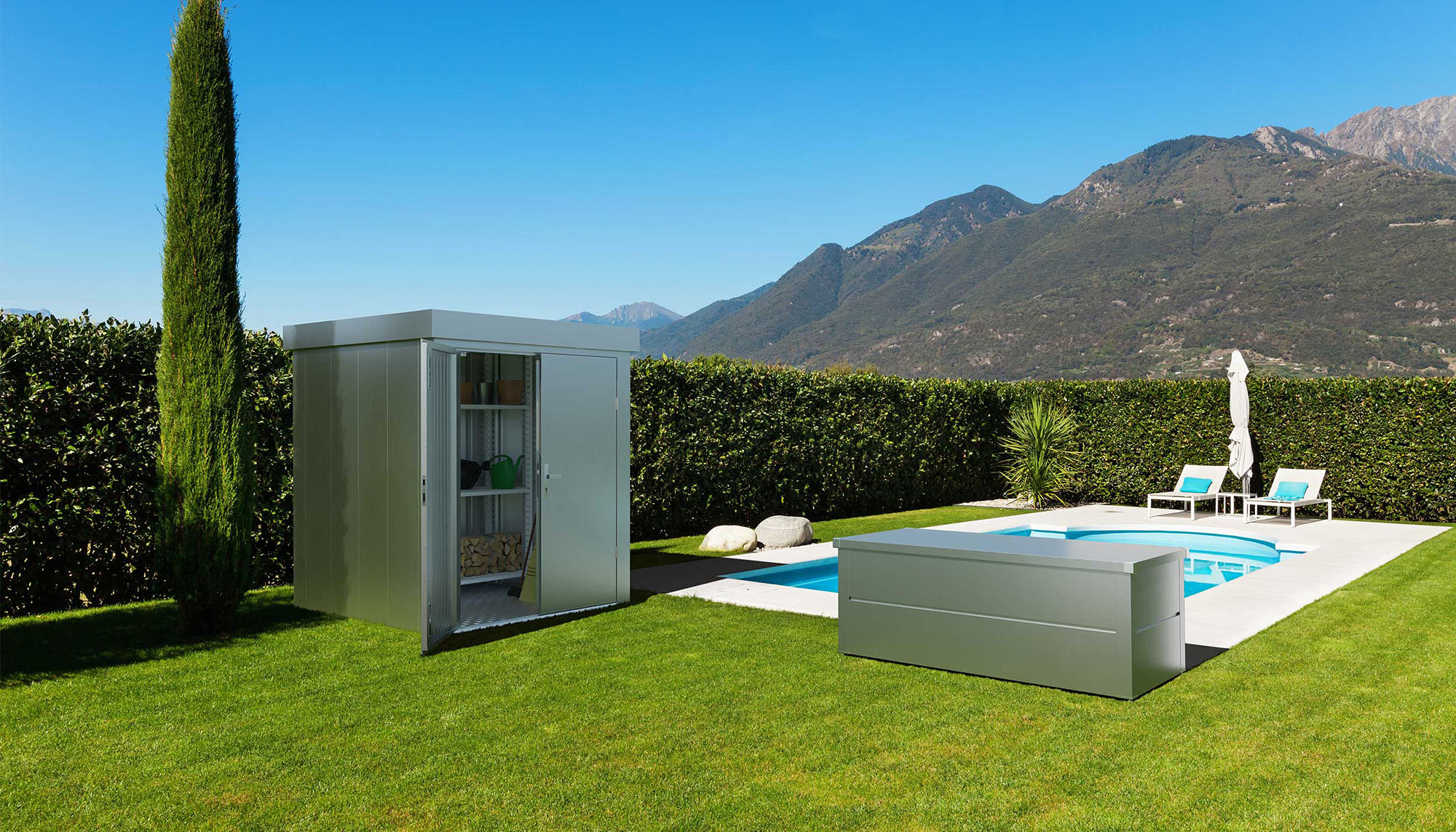 Gartenhaus und Gartenbox in Silber von GUARDI