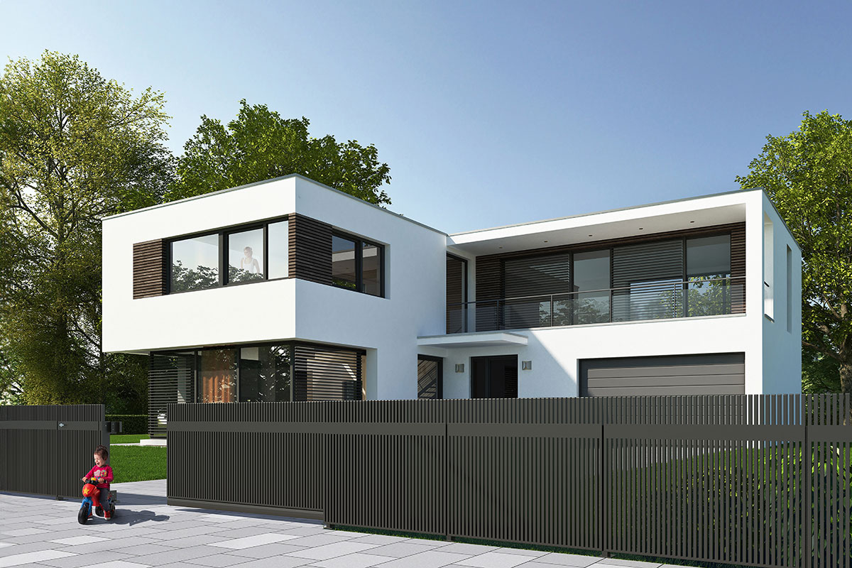 moderner Zaun aus Aluminium in Anthrazit fuer Sichtschutz vor modernem Haus