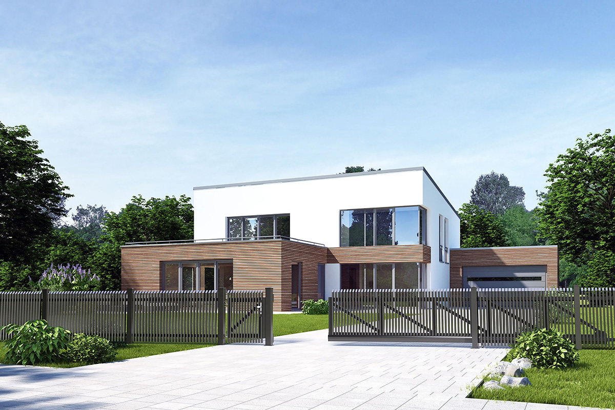 stilvoller Zaun mit Schiebetuer und Gartentuer in Anthrazit aus Aluminium als Einfahrt vor modernem Haus
