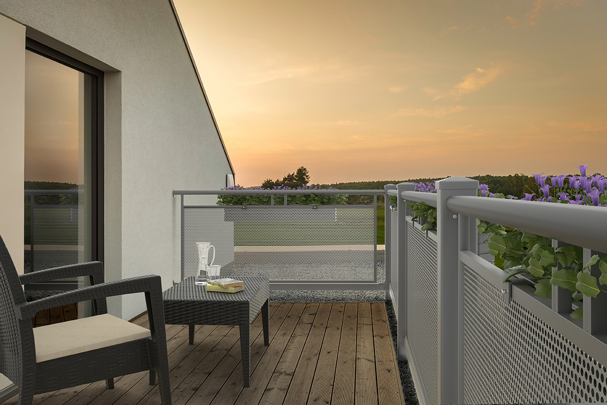 moderner balkon mit sitzgelegenheit und ausblick