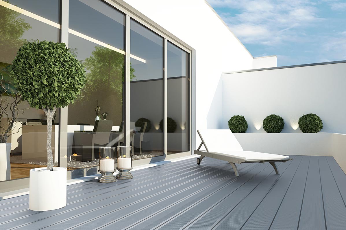 moderner terrassenboden aus aluminium in grau passend fuer jede terrasse