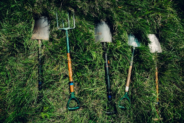 gartenwerkzeug fuer die gartenarbeit in der wiese